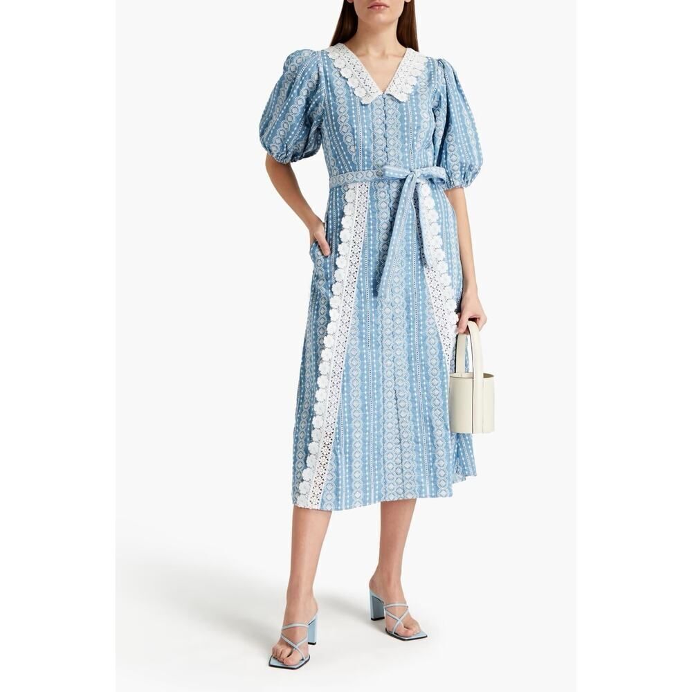 Maje Raviana Blue Lace Collar Belted Cotton Midi Dress Size 36 US 4 Small